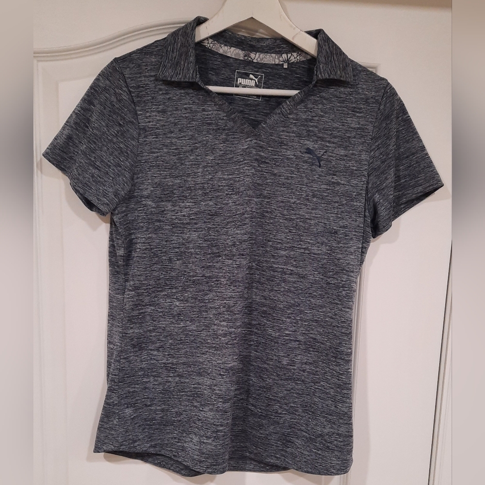 Puma Women's Athletic Polo Short Sleeve Vneck Shirt Grey Medium